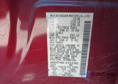 2006 Nissan Frontier Se z USA, uszkodzony, nr VIN 1N6AD07U86C439596